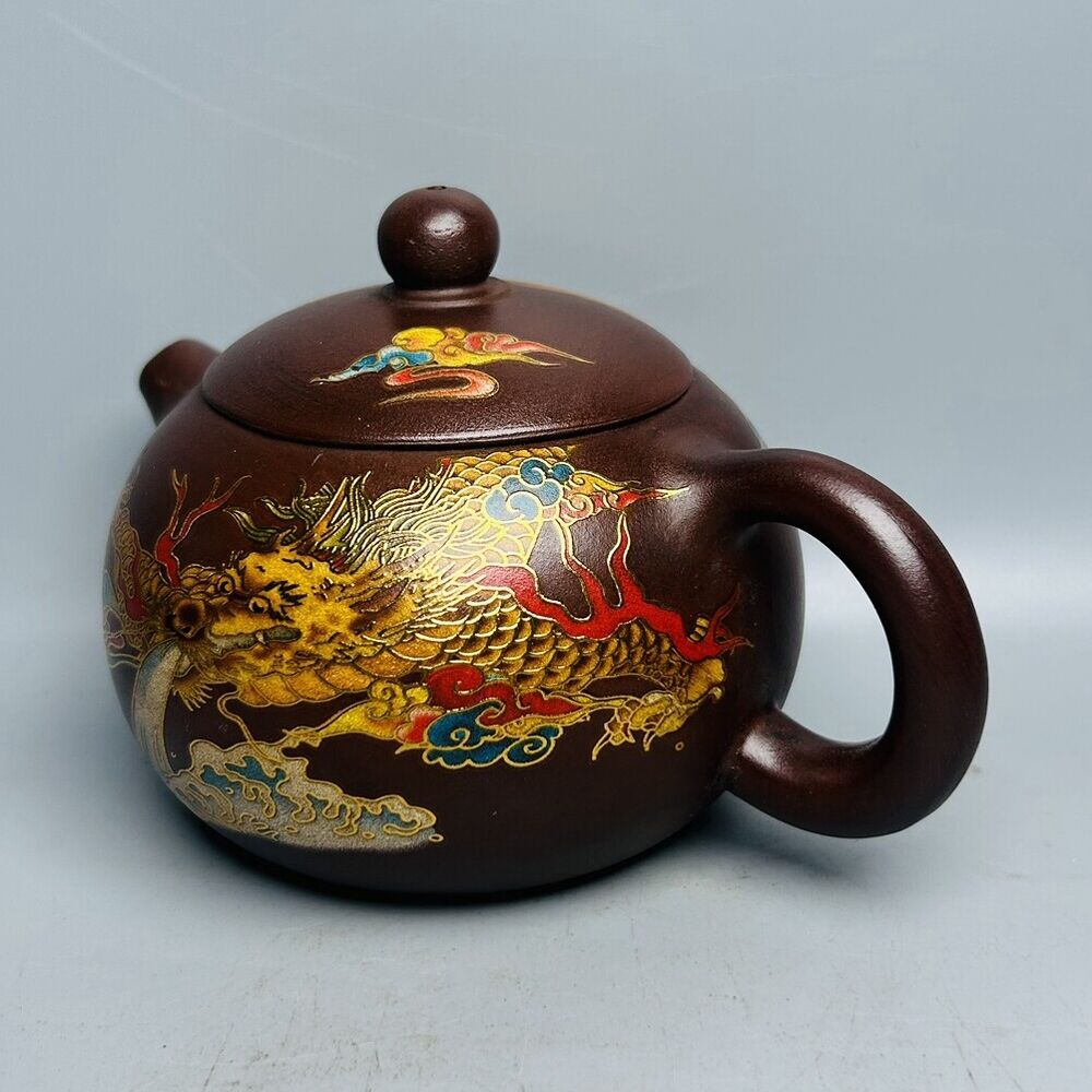 Vintage Chinese Yixing Purple Clay Teapot Zisha Ceremony Painted Dragon Teaware