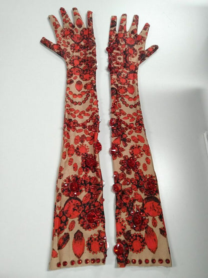 Women Fashion Gloves Red Floral Rhinestone Stretch Sparkling Spandex Long Mitten