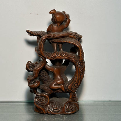 Chinese Boxwood Carving Dragon Phoenix Children Statue Figurine Home Decor Art