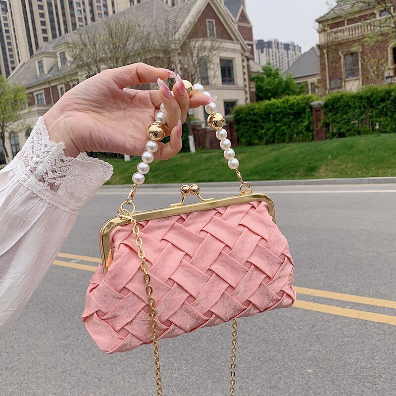 Shoulder Bag Pearl Chain Handbag Ribbon Weave Purses Clip Crossbody 21*5*13 CM