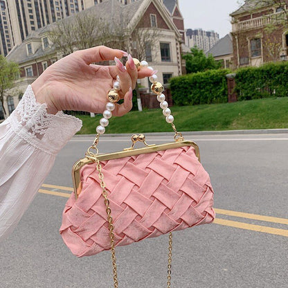 Shoulder Bag Pearl Chain Handbag Ribbon Weave Purses Clip Crossbody 21*5*13 CM