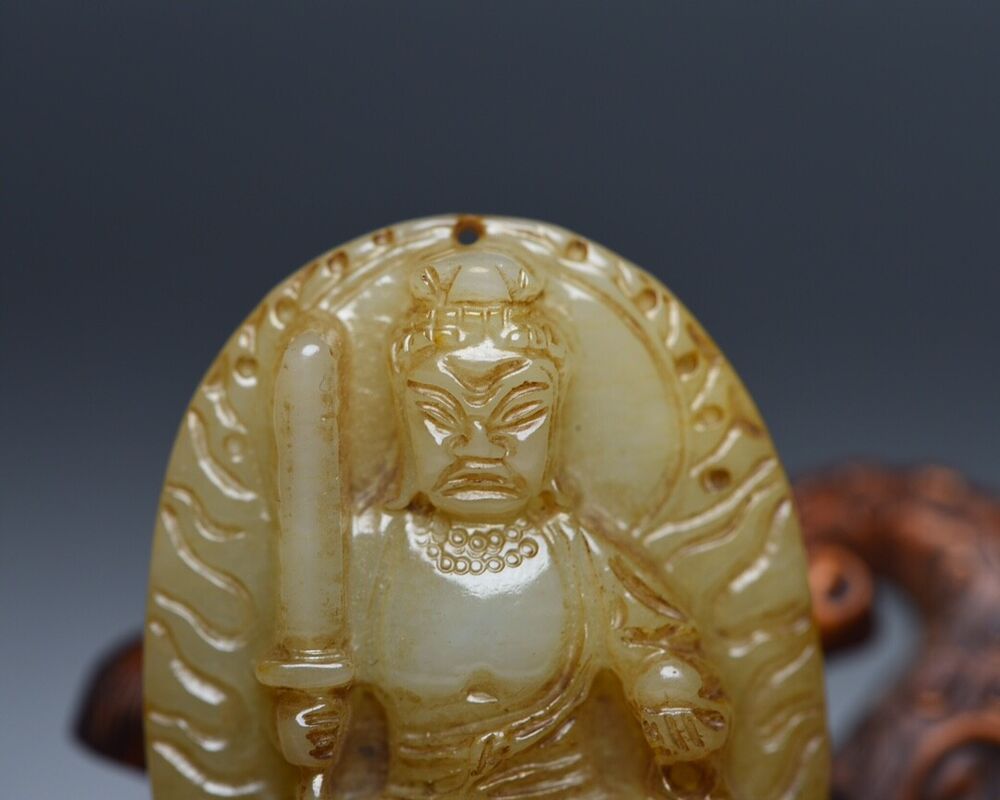 Chinese Natural Hetian Jade Hand Carved Buddhist Figure Statue Pendant Jewelry