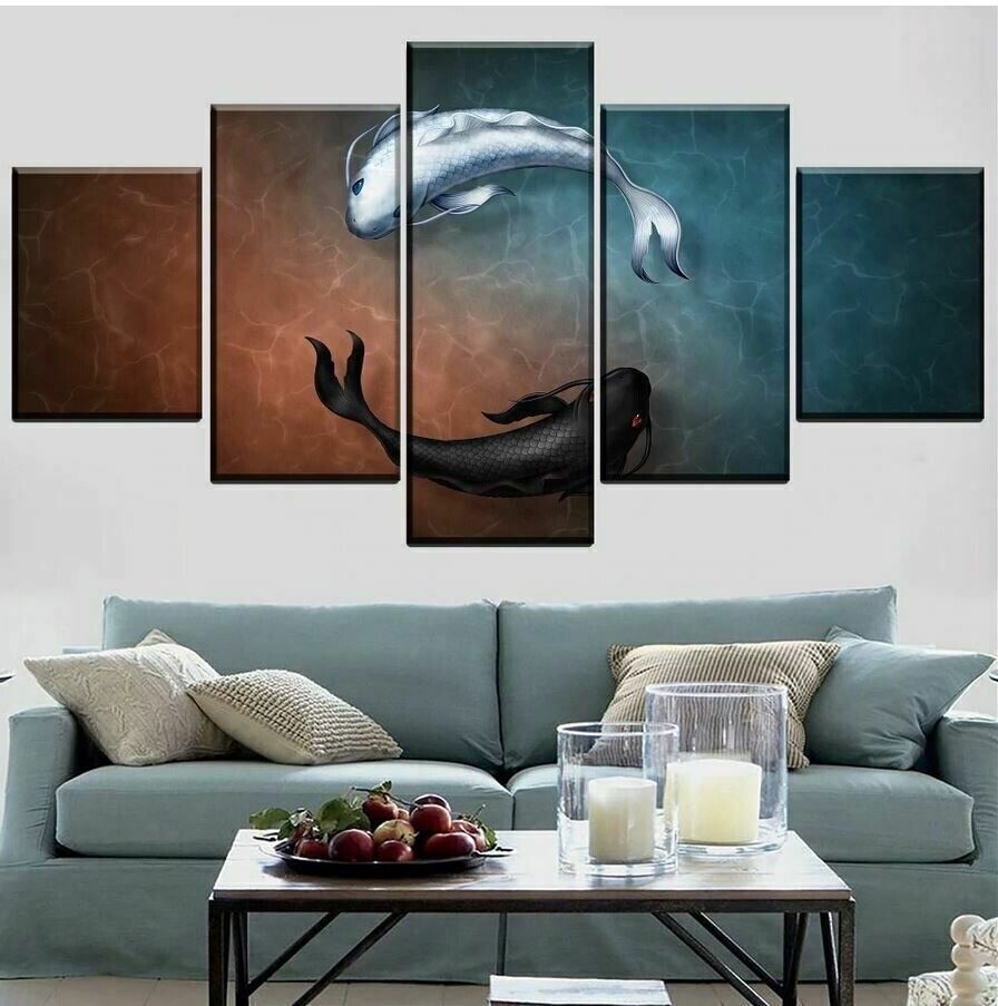 Black and White Koi Fish 5 Piece Canvas Print Wall Art Poster Home Decoration