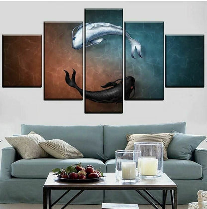 Black and White Koi Fish 5 Piece Canvas Print Wall Art Poster Home Decoration