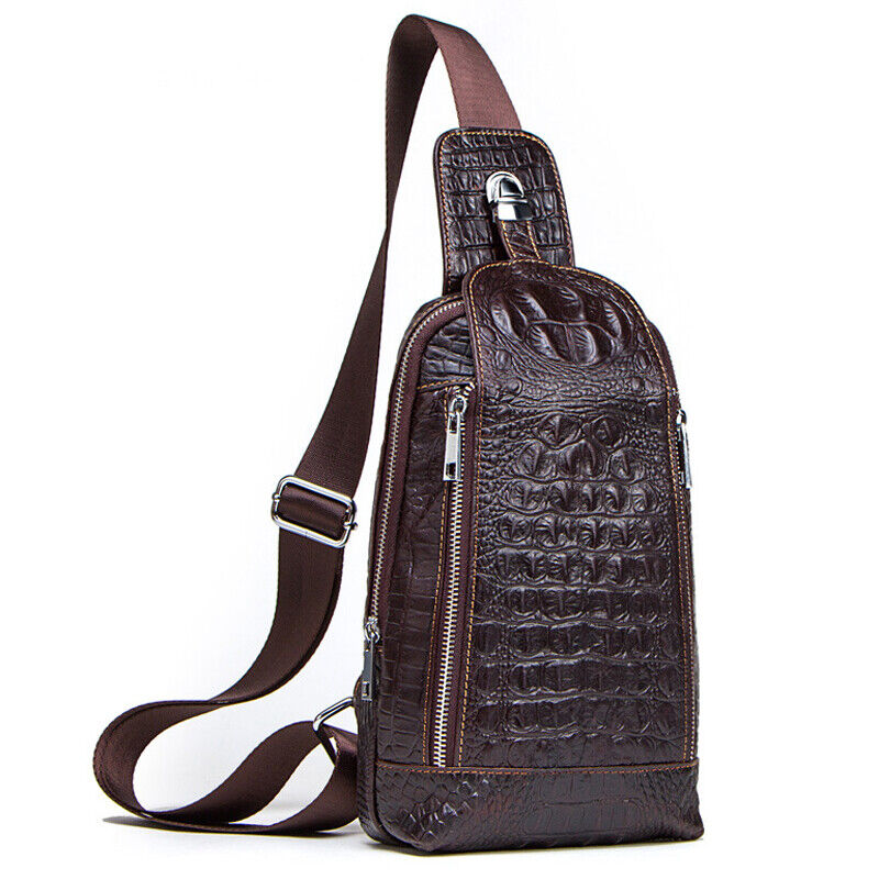 Men's Sling Backpack ,Genuine Leather Crossbody Bag Crocodile Daypack for Hiking