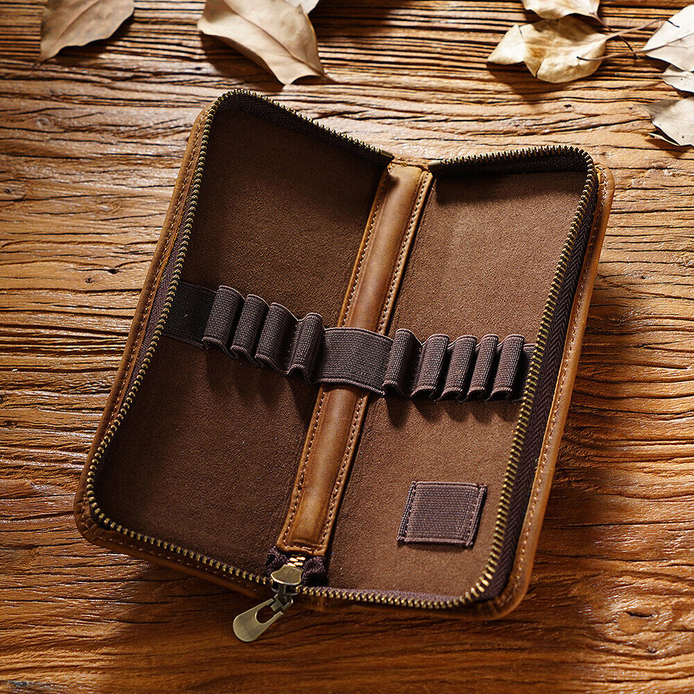 Handmade Crazy Horse Leather Square Pen Bag Men's Zipper Creative Pencil Case