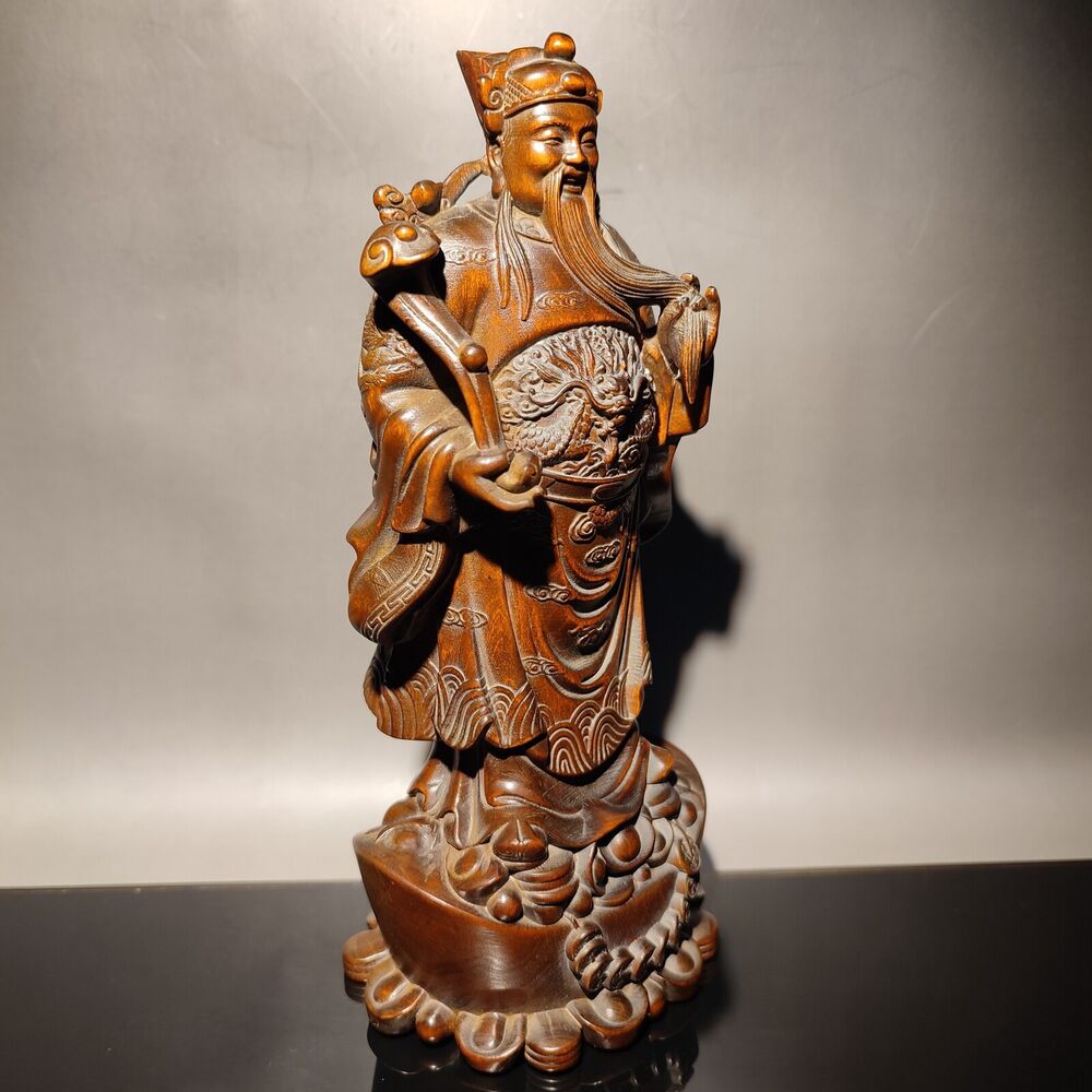 7" Boxwood Wooden Statue modern home decor sculpture God of wealth buddha Mammon