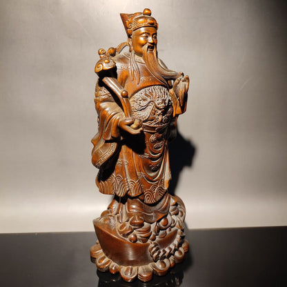 7" Boxwood Wooden Statue modern home decor sculpture God of wealth buddha Mammon