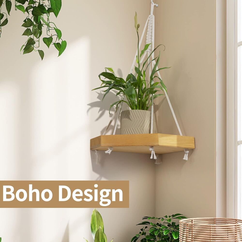 Hanging Corner Shelf Boho Rustic Farmhouse Macrame Pine Wood Decor Plant Display