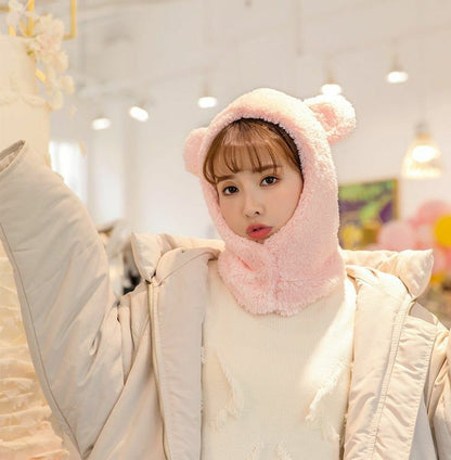 Warm Hats Winter Cute Bear Ears Windproof Neck Scarf Cap Student Women Cashmere