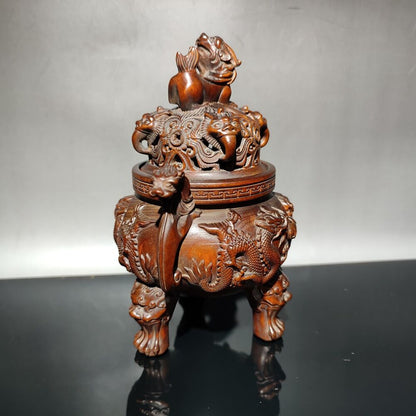 vintage Boxwood Tripod Censer incense holder dragon statue Essential oil incense