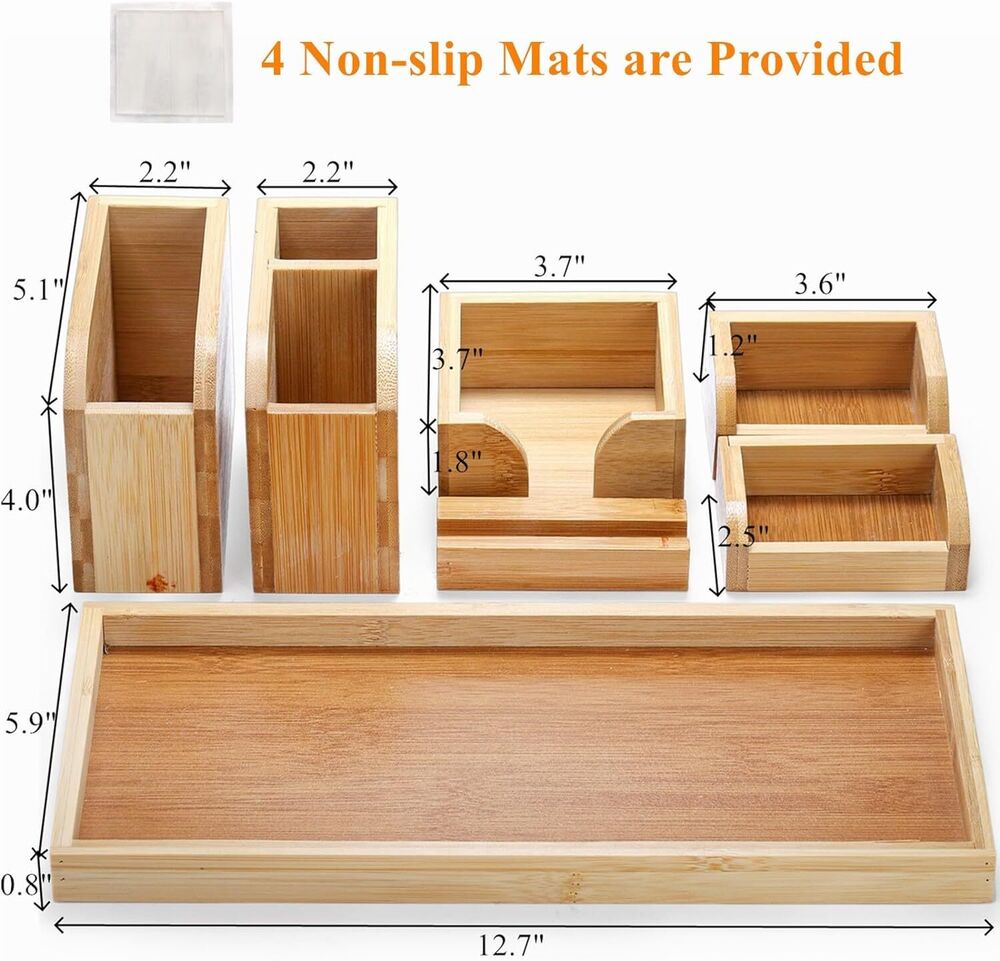 Bamboo Desk Organizer Adjustable Stationery Desktop Tray Holder Storage 7 Pcs