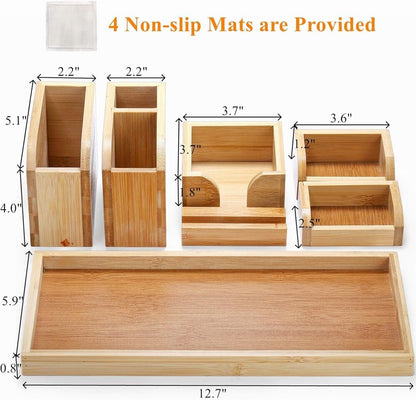 Bamboo Desk Organizer Adjustable Stationery Desktop Tray Holder Storage 7 Pcs