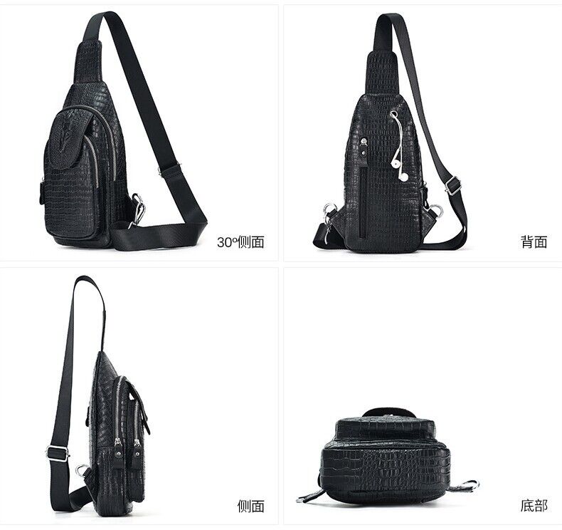 Black Real eather Sling Backpack, Men's Crossbody Chest Bag with Crocodile Print