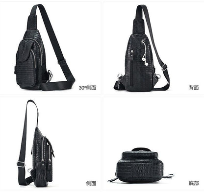 Black Real eather Sling Backpack, Men's Crossbody Chest Bag with Crocodile Print