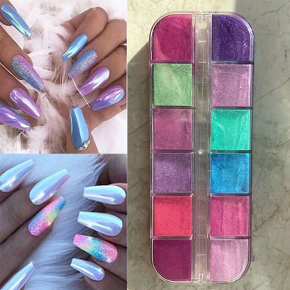 Nail Glitter Polish 12 Grids Colorful Mirror Effect Shimmer Pearl Powder Pigment