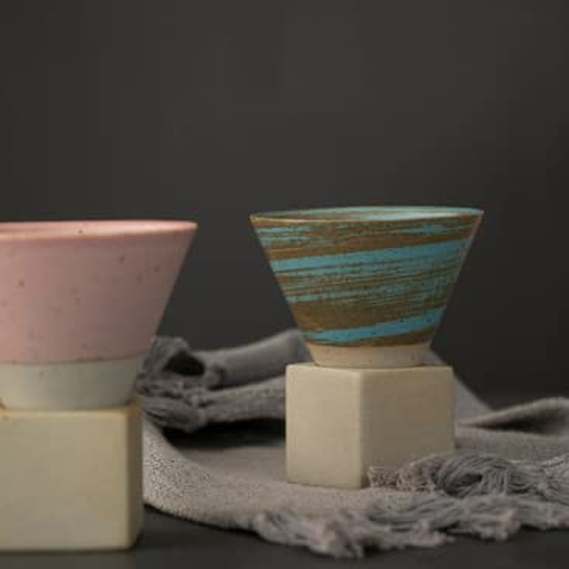 Turquoise Handmade Pottery Mug with a Stand Japaneese Style Home Decoration Gift
