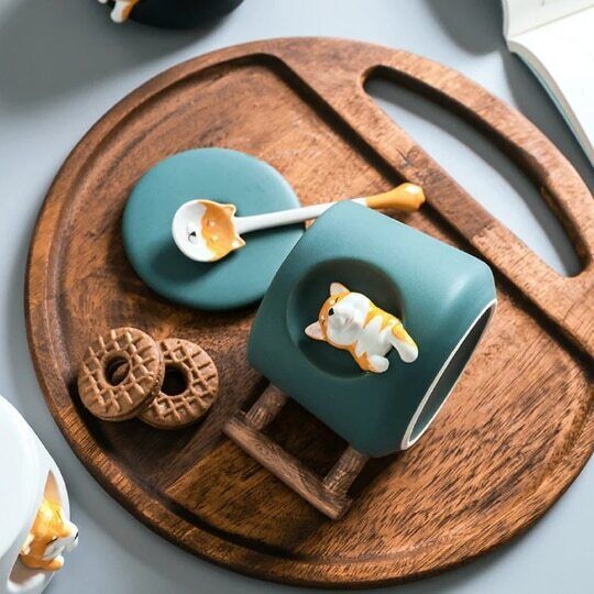 Ceramic Shiba Inu Mug with Lid Spoon Cute Dog Coffee Cup 420ml