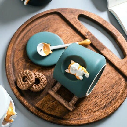 Ceramic Shiba Inu Mug with Lid Spoon Cute Dog Coffee Cup 420ml