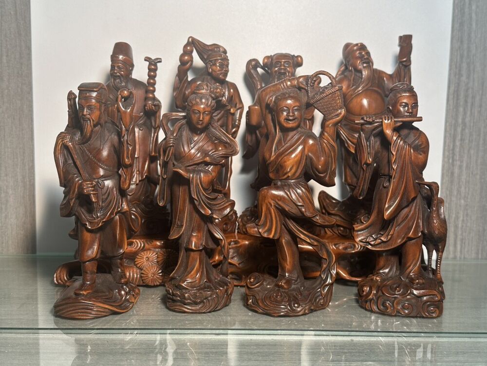 Chinese Wood Carved Boxwood Eight Immortals Statue Sculptures Home Decor Artwork