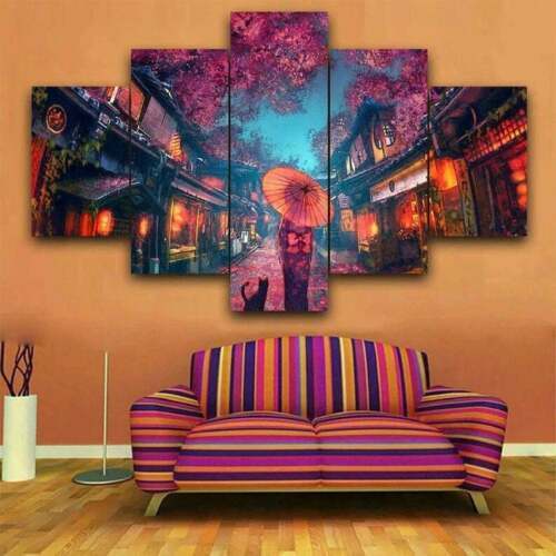 Japanese Kimono Girl Cat Street 5 Piece canvas Wall Art Print Poster Home Decor
