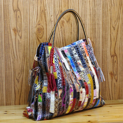Women's Genuine Leather Snake Stripes Colorful Handbag Shoulder Satchel Tote Bag