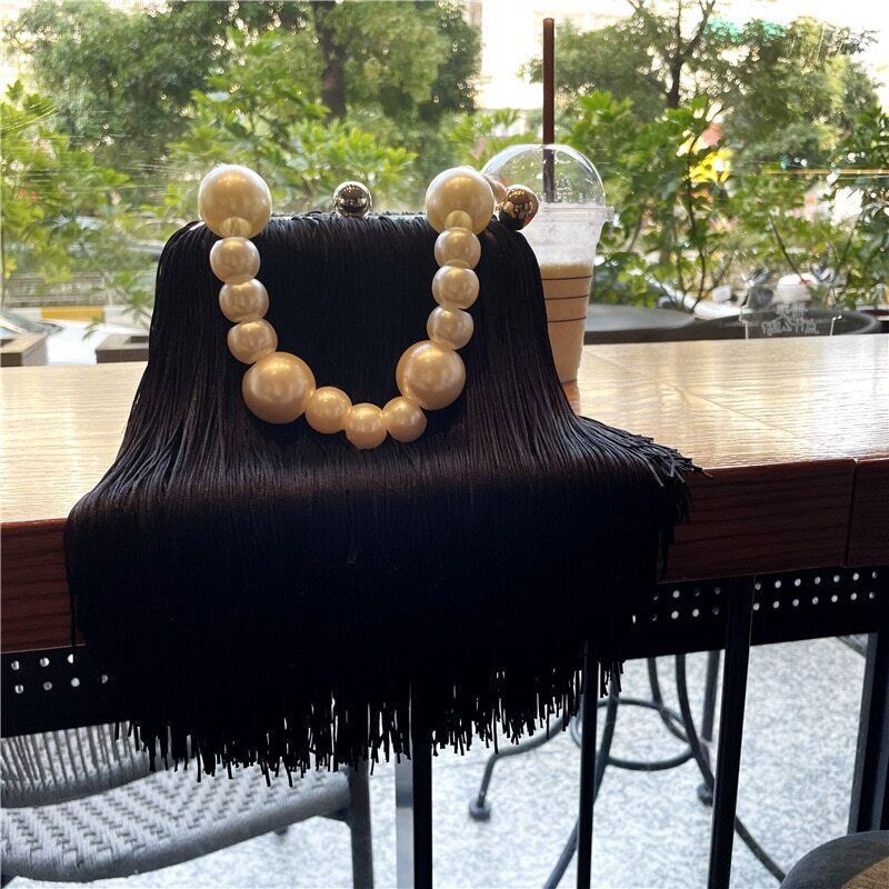 Tassel Square Bag Female Pearl Chain Handbag Long Tassel Bag Black Evening Bag