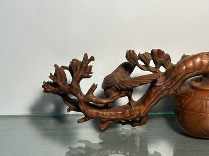 Chinese Natural Boxwood Carving Flower Bird Statue Woodwork Sculpture Decoration