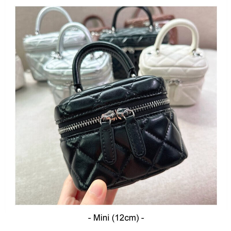 Mini Quilted Real Leather Vanity Case Box Purse Clutch Tote Shoulder Bag Chains