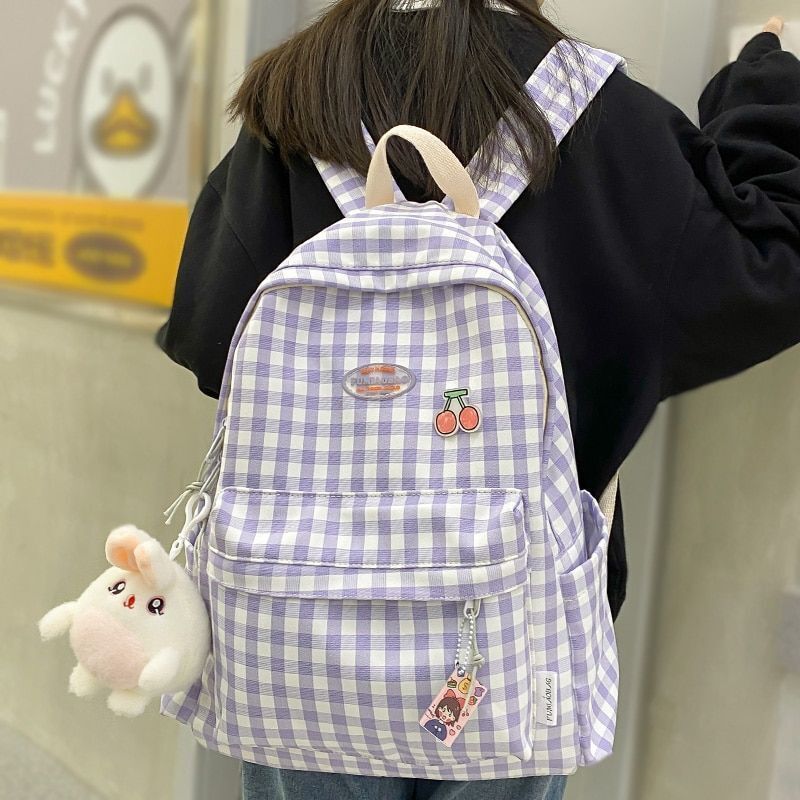 Laptop Bag Nylon College Backpack Cool Traveling Plaid Book Bag 31*15*44 CM Pink