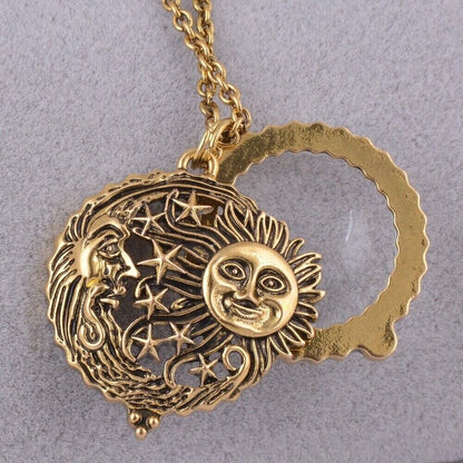 Women Necklace Fashion Jewelry Alloy Gold Sun Moon Star Magnifier Glass Pendant