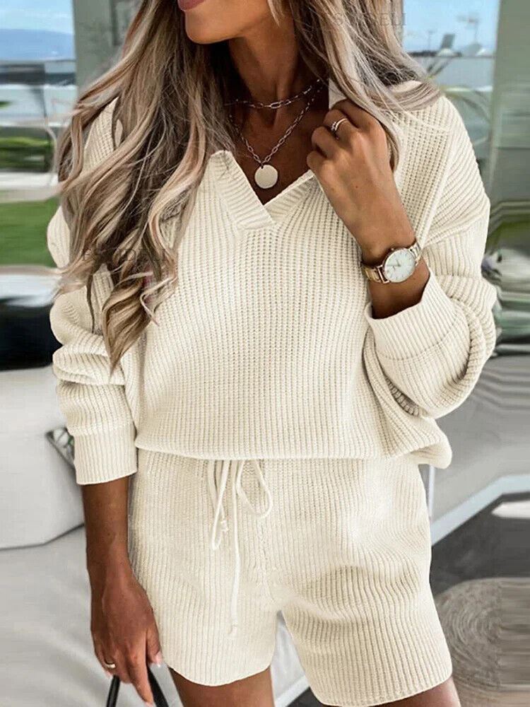 Women V Neck Sweater Shorts Outfit Piece Set Straight Waist Shorts 2pcs Suit