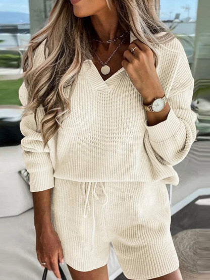 Women V Neck Sweater Shorts Outfit Piece Set Straight Waist Shorts 2pcs Suit