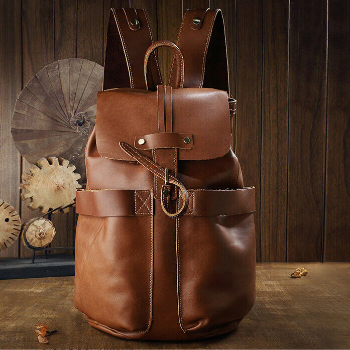 Crazy Horse Leather Drawstring Backpack, Men's Travel Bag, 15.6" Laptop Daypack