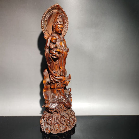 vintage wood carving praying decor wooden Boxwood Children Kwan-yin statue Guan