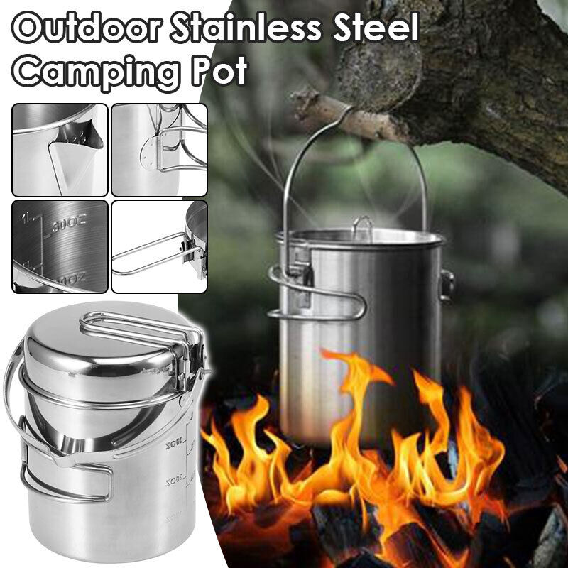 2pcs/Set Portable Folding Camping Kettle Outdoor Picnic Stainless Steel Pan Pot