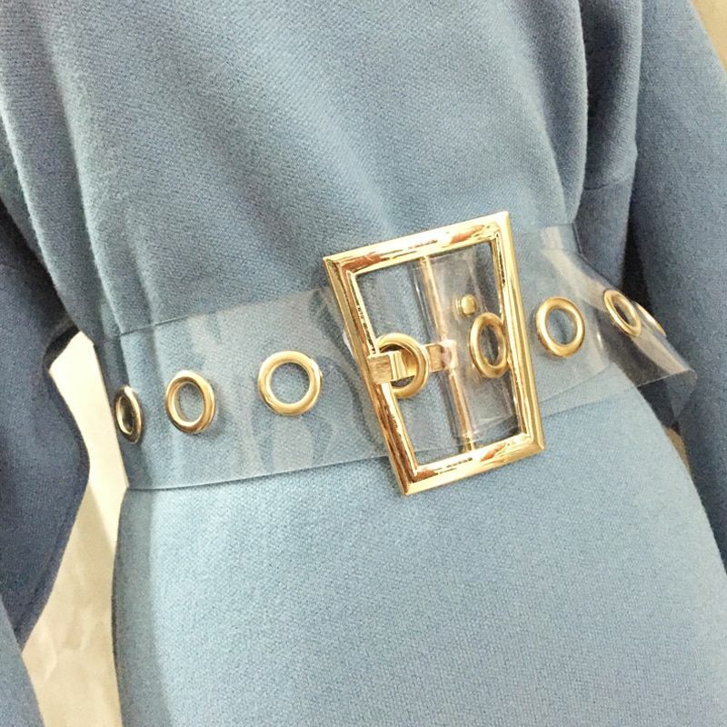 Women Transparent Belts Trapezoid Gold Metal Buckle Wide Dress Jeans Waistbands