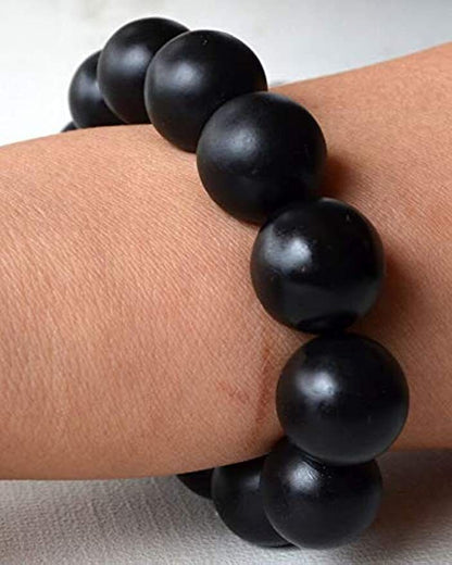 Bracelet Natural Bian Stone Black Beads Round Elastic Hand String for Men Women