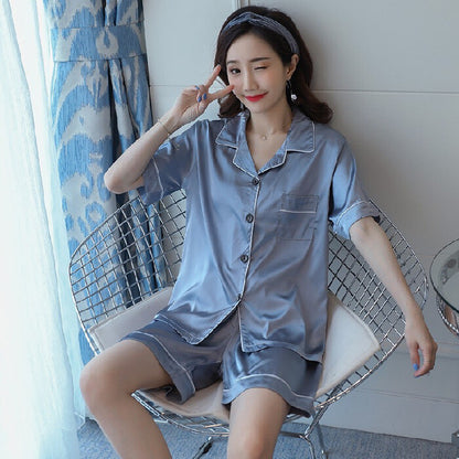 Women Set 2Pcs Satin Pajamas Short Sleeve Button-Down Sleepwear Loungewear Charm