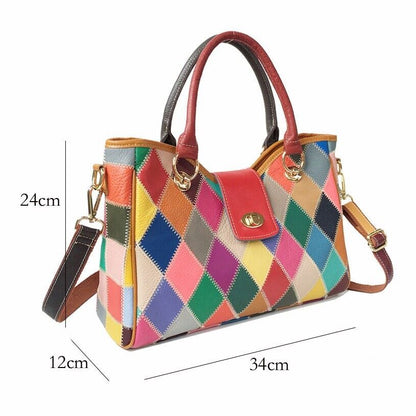 Top Cow Leather Colorful Patchwork Handbags, Desinger Women's Tote Shoulder Bag
