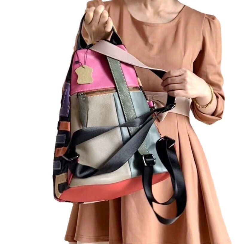 Desinger Real Leather Women's Backpack, Colorful Patchwork Travel Shoulder Bag