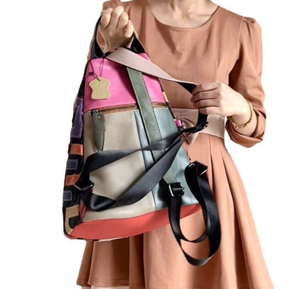 Desinger Real Leather Women's Backpack, Colorful Patchwork Travel Shoulder Bag