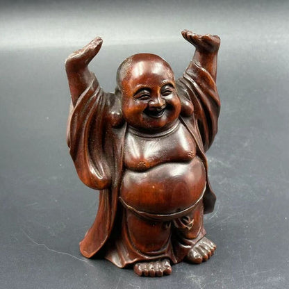 Chinese Vintage Boxwood Carving Laughing Buddha Statue Wooden Figurine Artwork