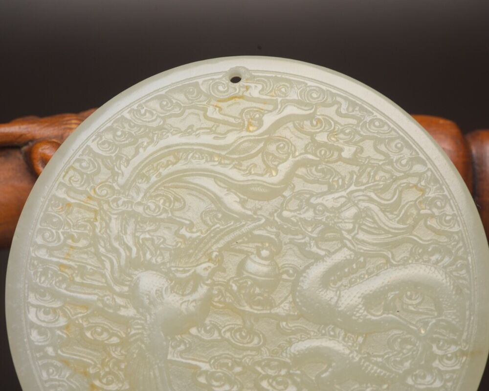Top Chinese Natural Hetian Jade Carved Dragon Phoenix Statue Lucky Jade Pendant
