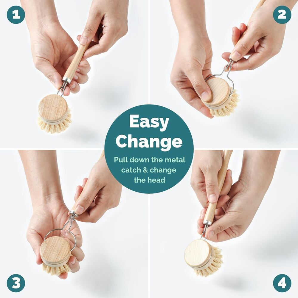 Bamboo Dish Brush Set for Washing Up with 3 Replacement Heads & Sponge Scourer