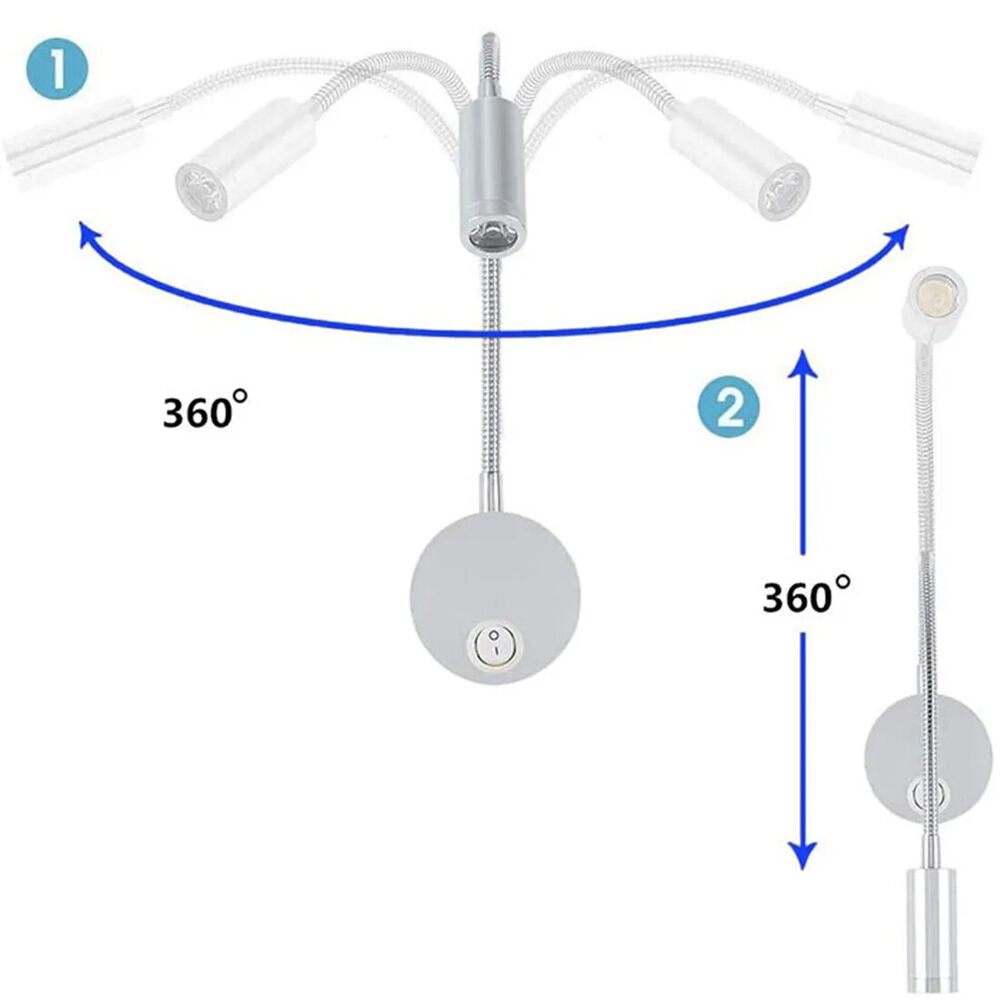 LED Reading Lights AC100-240V Silver Aluminum Gooseneck Bed Headboard Desk Lamps