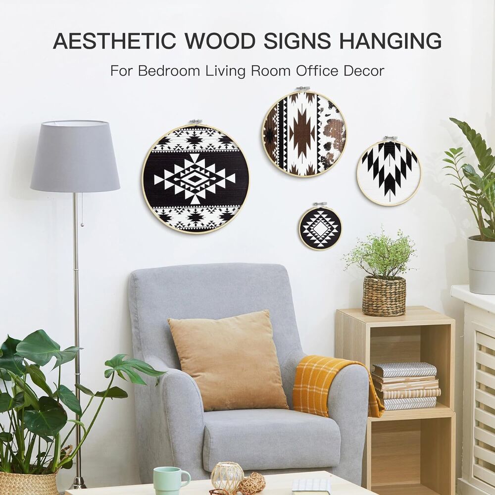 Wooden Wall Art Rustic Farmhouse Theme Round Home Decor Wall Mounted Set of 4