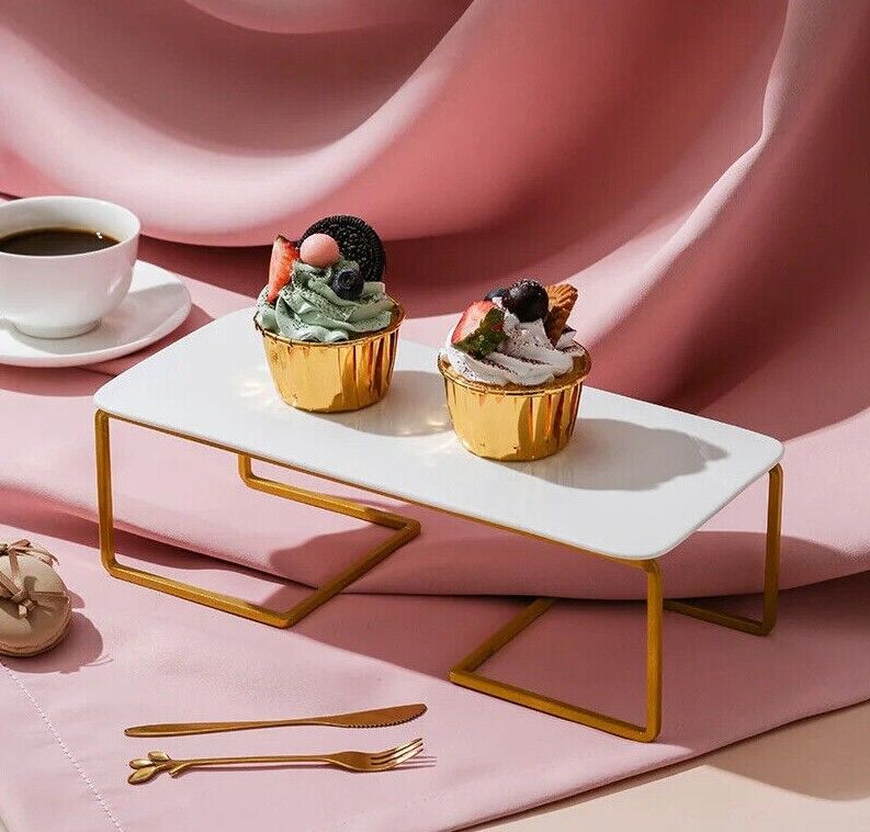 Cake Stand Wrought Iron Golden White Ceramic Plate Snacks Dessert Cupcake Holder