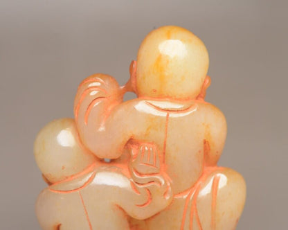 Chinese Natural Hetian Jade Carving Pair Children Statue Nice Figurines Artwork