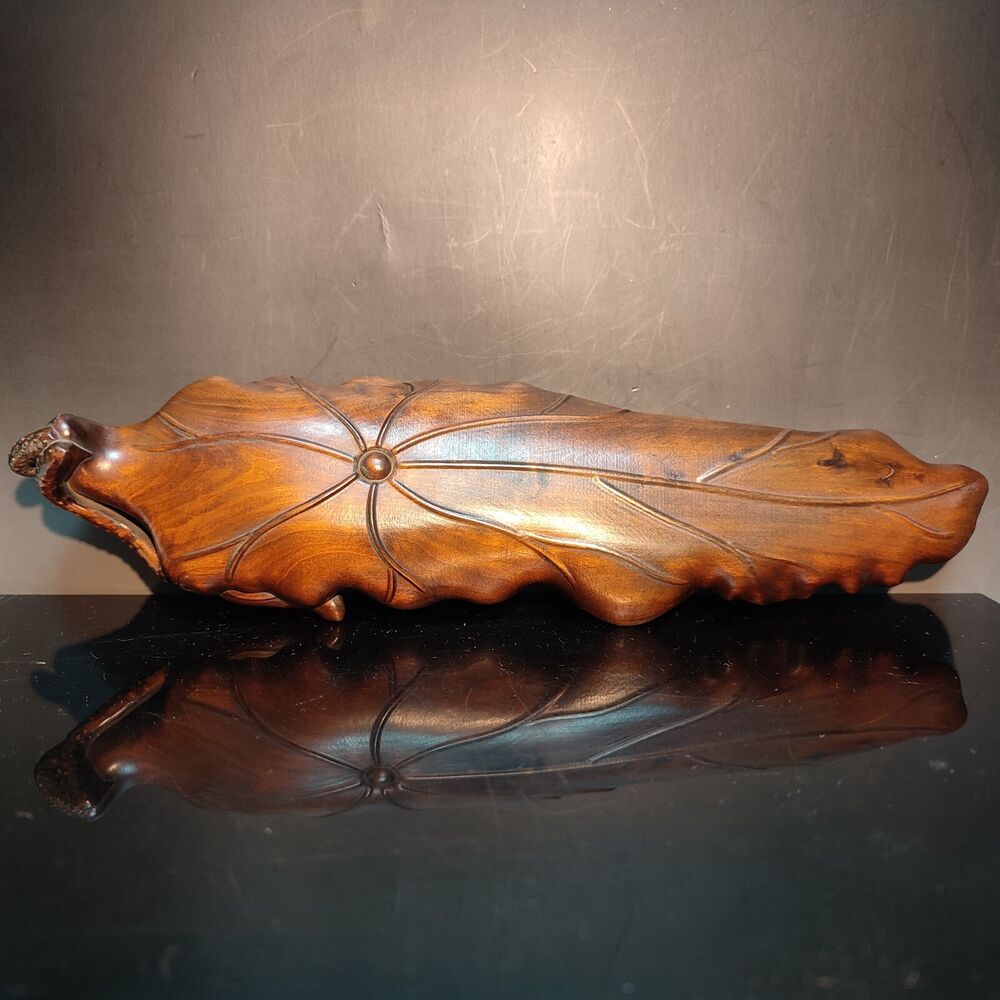 10" Boxwood lotus leaf frog carving wooden Incense pedestal wood decor praying